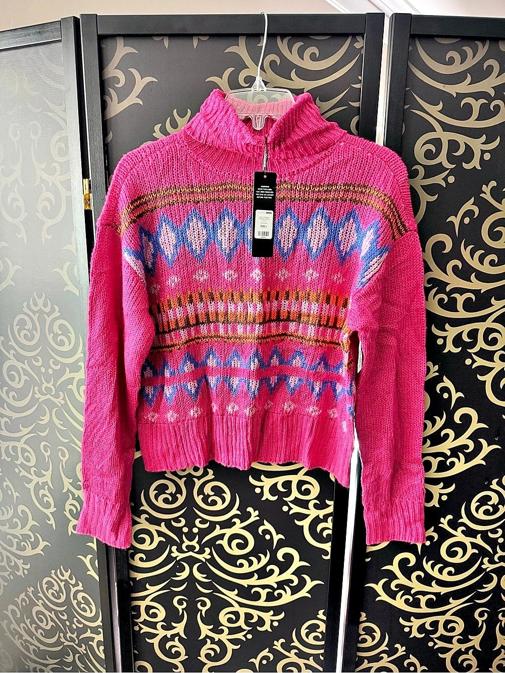Fashion Nova Take It Personal Turtleneck Sweater Geometric Sweater in Pink &
